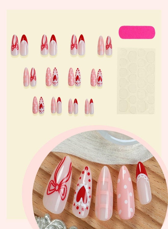 Vopintpy Romantic Valentines Press on Nails Red Bow Love Heart False Nails Pink Stripe Small Dot Design Glue on Nail Glitter Long Almond Valentines Stick on Nail for Women DIY Manicure - Image 2